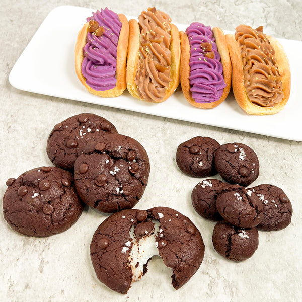 鹽之花特濃黑朱古力麻糬曲奇 & 甘栗紫薯麻糬蛋糕捲 ｜ Fleur de Sel Dark Chocolate Mochi Cookies | Chestnut & Purple Sweet Potato Cake Omelette